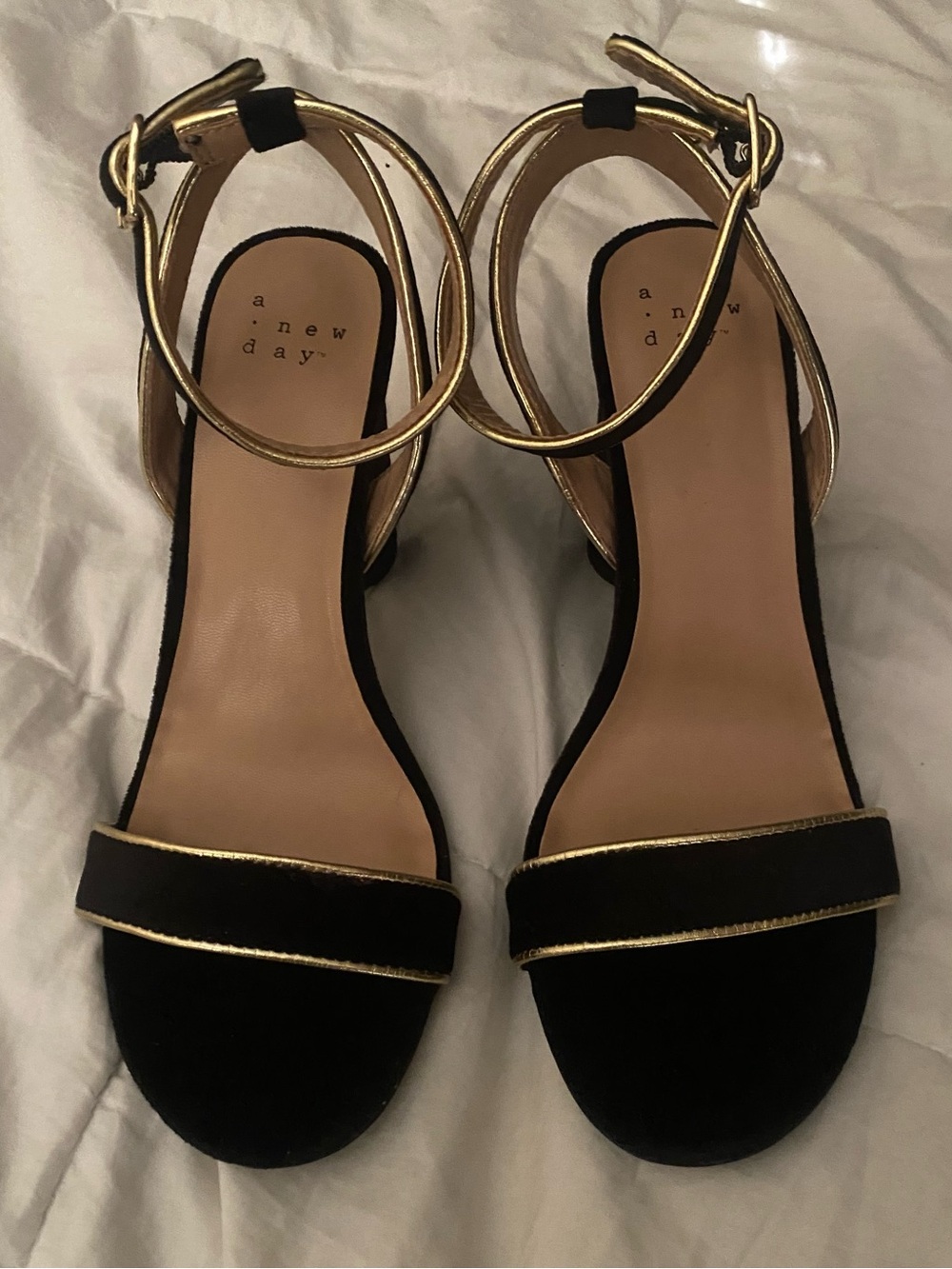 a new day Black and Gold Strappy Block Heel Sandals
